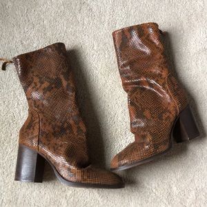 Free People Elle Block Heel Brown Leather Snakeskin Mid Calf Boots